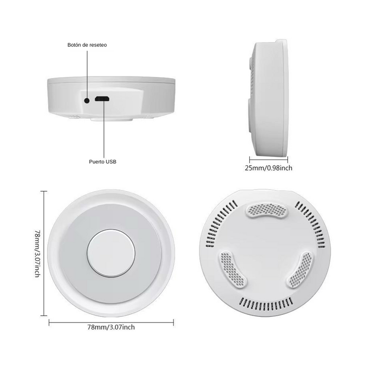 Detalle del diseño del Gateway Zigbee 3.0 con alimentación USB de 5V/1A y estructura compacta de 78 x 78 x 25 mm.