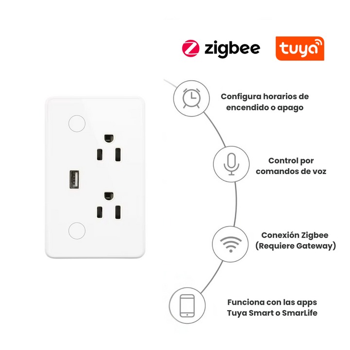 Detalle del diseño premium del tomacorriente inteligente Zigbee fabricado con vidrio templado, aleación de aluminio y ABS resistente.