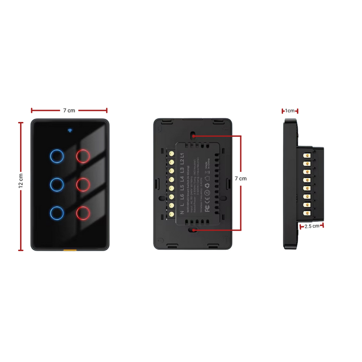 Detalle del indicador LED del interruptor inteligente WiFi de 6 botones, ajustable para personalizar la iluminación en entornos oscuros.