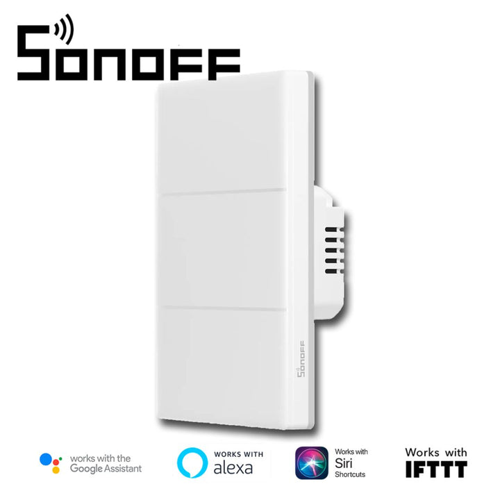 Detalle del diseño del SONOFF T5-3C-120 con anillo LED RGB personalizable en modo noche.
