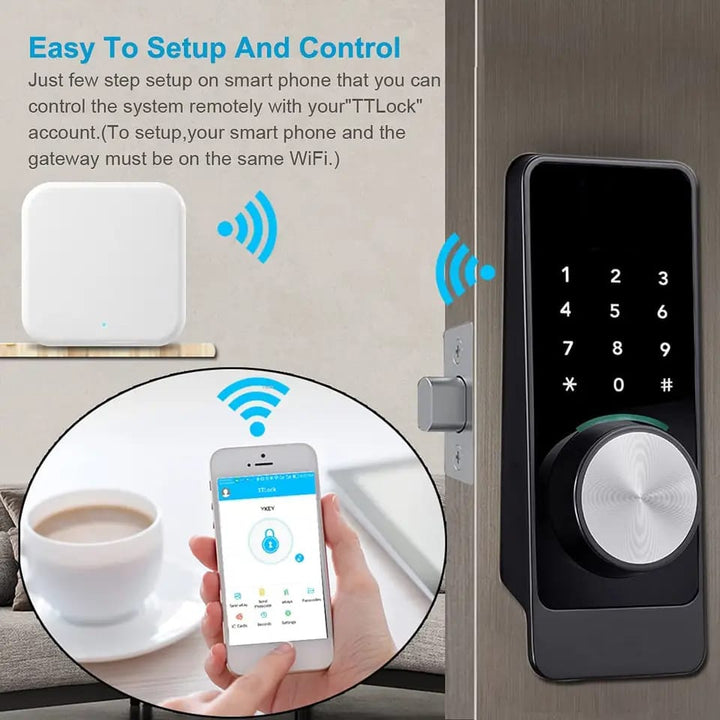 Smart Gateway G02 para cerraduras inteligentes con Wi-Fi y Bluetooth. Configura accesos remotos, recibe notificaciones en tiempo real y gestiona la seguridad de tu puerta con TTLock.