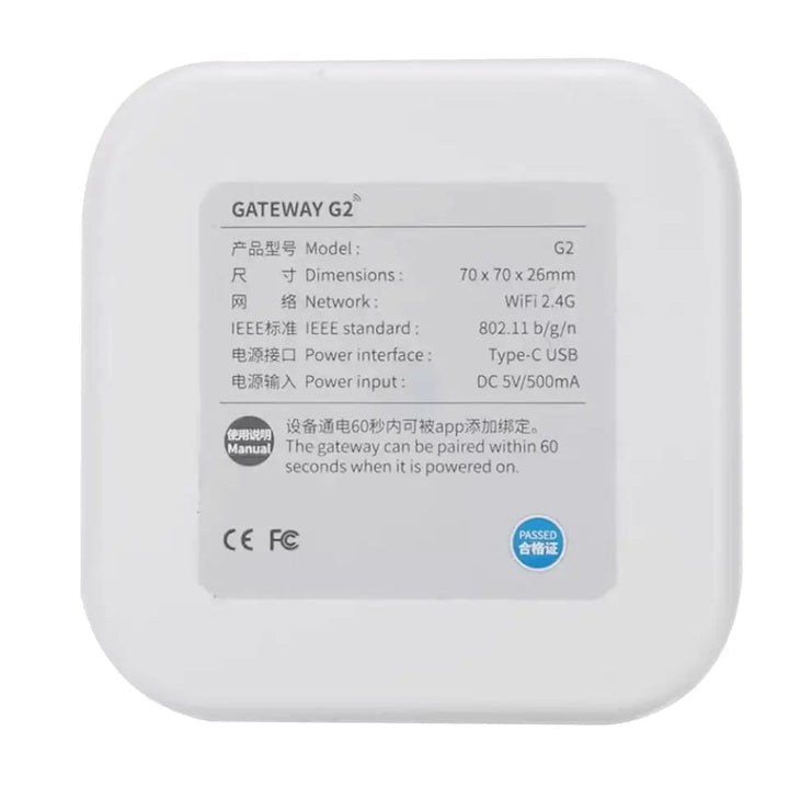 Gateway G02 con compatibilidad Wi-Fi 2.4 GHz y Bluetooth. Administra tu cerradura inteligente desde cualquier lugar, genera claves temporales y consulta el estado de la puerta.