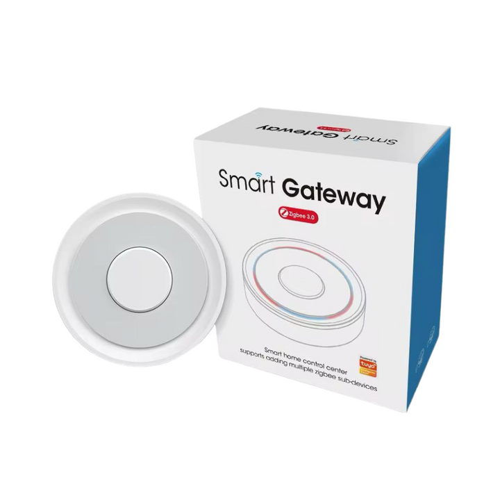 Vista frontal del Gateway Zigbee 3.0 alámbrico, utilizado como centro de control para hogares inteligentes, con conexión WiFi estable y diseño compacto.