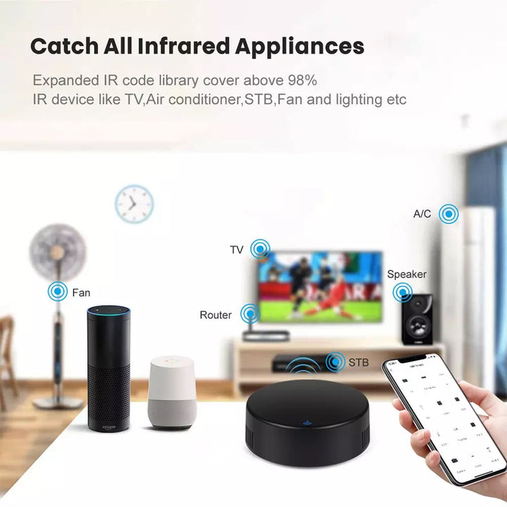 Hub domótico Smart Life con control por voz para automatizar electrodomésticos compatibles con señales IR y RF 433/315 MHz.