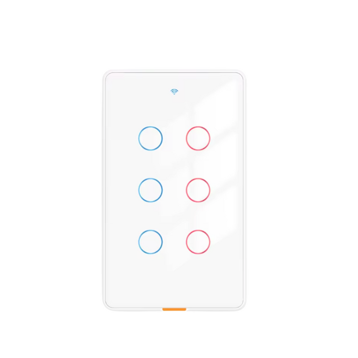 Proceso de instalación del interruptor inteligente WiFi de 6 botones sin neutro, con capacitor incluido para mayor facilidad de conexión.