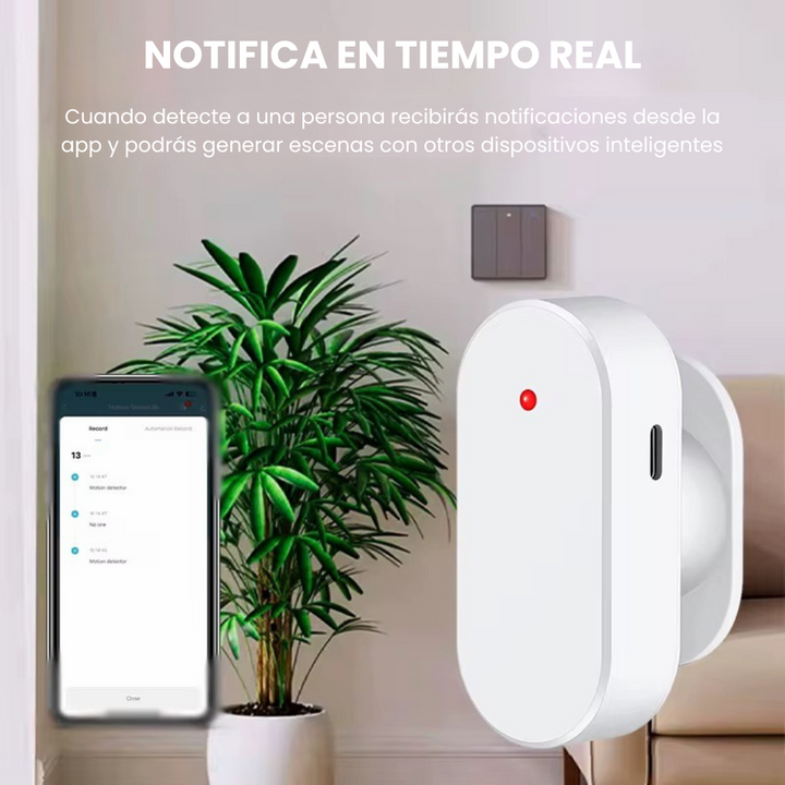 Ejemplo de instalación del sensor WiFi Tuya de presencia y luminosidad en pared o techo con soporte ajustable incluido.