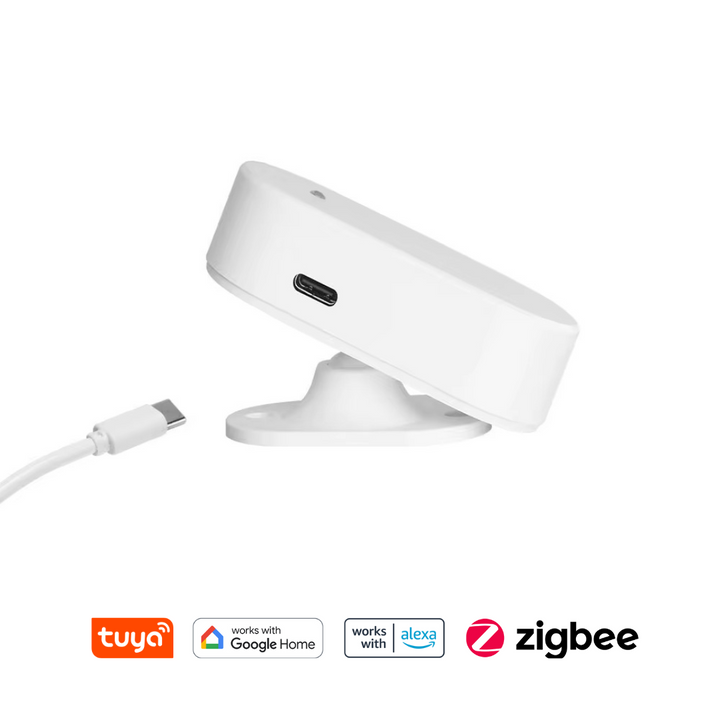 Ejemplo de instalación del sensor de presencia humana y luminaria Zigbee en pared o techo con soporte ajustable incluido en el paquete.