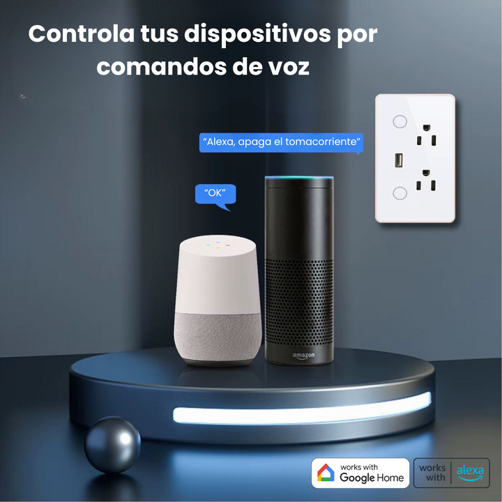 Ejemplo de instalación en pared del tomacorriente Zigbee inteligente, con tamaño estándar tipo americano y diseño moderno en color blanco.