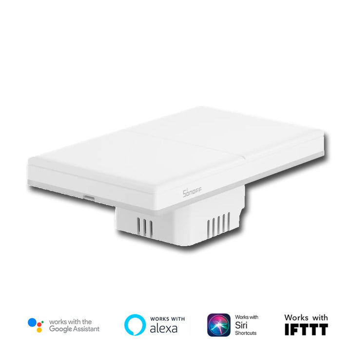 Interruptor SONOFF T5-3C-120 mostrando su integración con la app eWeLink y asistentes de voz.