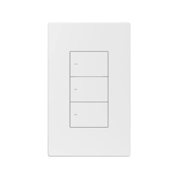 Vista frontal del interruptor inteligente SONOFF M5-3C-120W con 3 botones táctiles, diseño blanco moderno y compatibilidad con Matter para control por voz y app.
