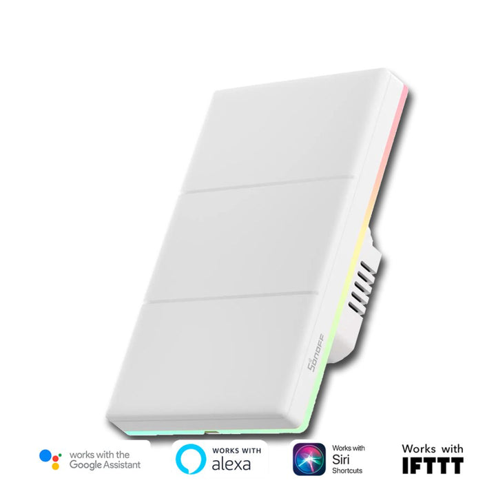 Dispositivo SONOFF TX Ultimate controlando múltiples luces en un entorno de hogar inteligente moderno.