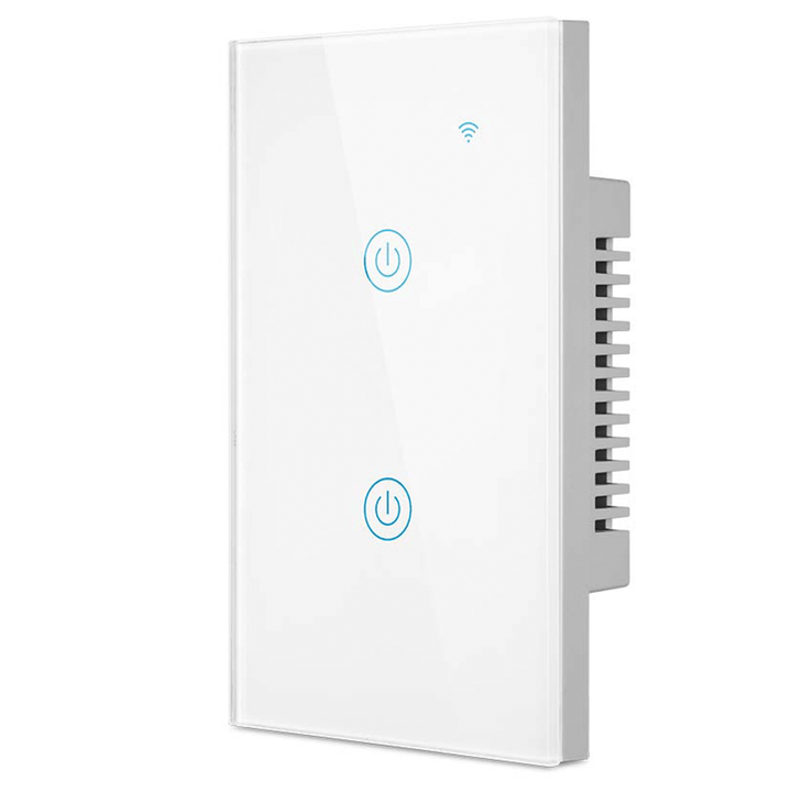 Interruptor inteligente WiFi de 2 botones sin neutro con panel táctil de cristal.