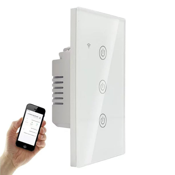 Interruptor inteligente WiFi de 3 botones sin neutro con panel táctil de cristal.