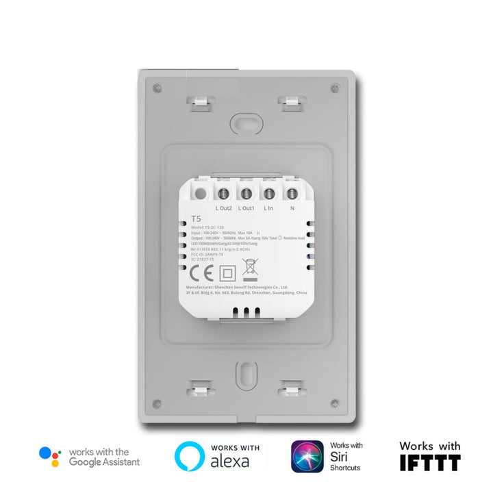 Interruptor Inteligente SONOFF TX Ultimate T5-2C-120 de doble botón, con control táctil y luces LED RGB, compatible con eWeLink, Alexa y Google Assistant para automatización del hogar