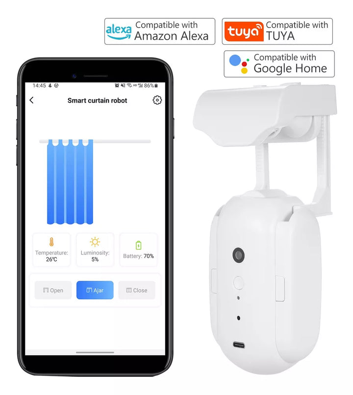 Motor inteligente para cortinas con soporte para Google Home, app Tuya, batería recargable y apertura/cierre remoto desde celular.