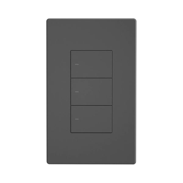 Vista frontal del interruptor inteligente SONOFF M5-3C-120 de tres canales en color negro, diseñado para controlar la iluminación de manera independiente.