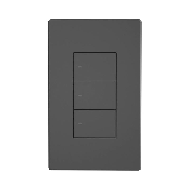 Vista frontal del interruptor inteligente SONOFF M5-3C-120 de tres canales en color negro, diseñado para controlar la iluminación de manera independiente.