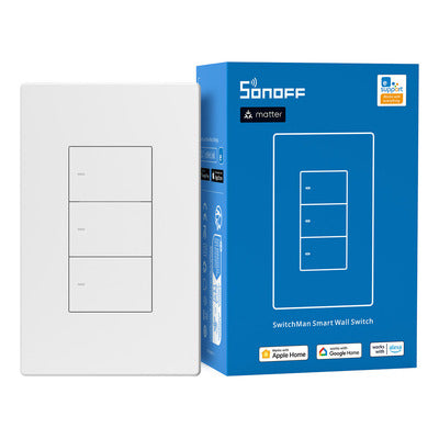 Interruptor inteligente SONOFF M5-3C-120W de tres canales, compatible con Alexa, Google Home y Apple HomeKit, ideal para automatización de iluminación y dispositivos.
