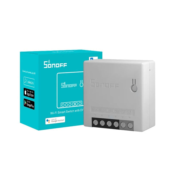 Relé inteligente SONOFF MiniR2 con conexión WiFi para domótica y automatización del hogar.