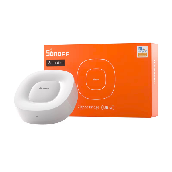 Vista frontal del SONOFF Zigbee Bridge Ultra, hub inteligente que centraliza la gestión de dispositivos Zigbee con conectividad estable y segura.
