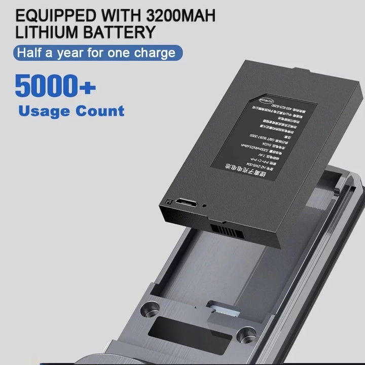 Accede con huella dactilar, clave numérica, tarjeta IC o control remoto con la app Tuya Smart. Incluye batería recargable de 3200mAh y sistema mortise mejorado para mayor seguridad.