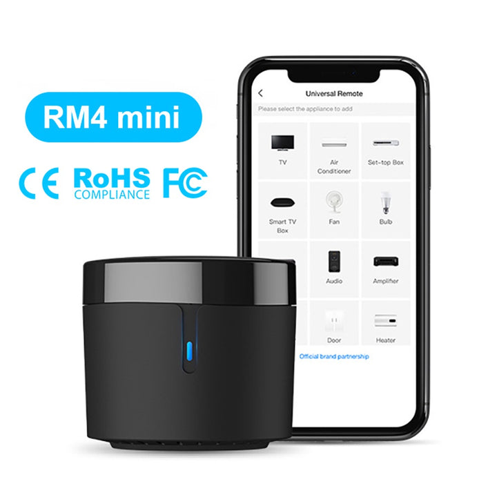 BroadLink RM4 Mini control remoto universal inteligente con WiFi 2.4 GHz para controlar televisores, aires acondicionados y equipos IR desde el celular