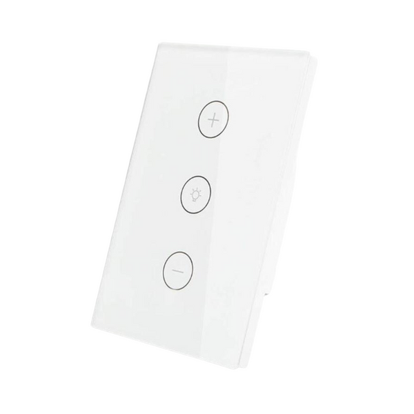 Interruptor inteligente WiFi dimerizable con panel táctil de vidrio templado.