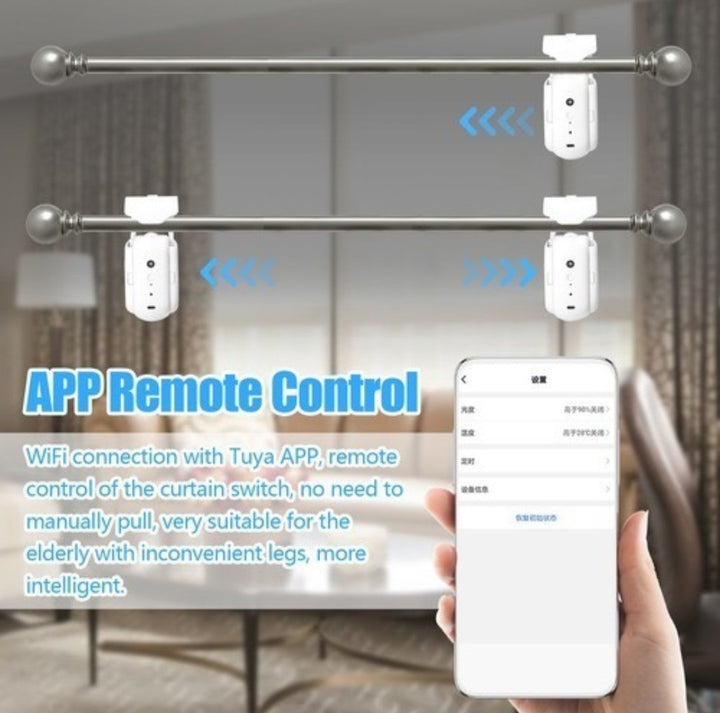 Pack doble de motores eléctricos para cortinas de varilla romana, controlados por app móvil, control remoto o manual.