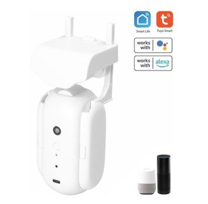 Kit de 2 motores inteligentes para cortina compatibles con Tuya Smart, control por voz con Google Assistant y sensores de luz y temperatura.