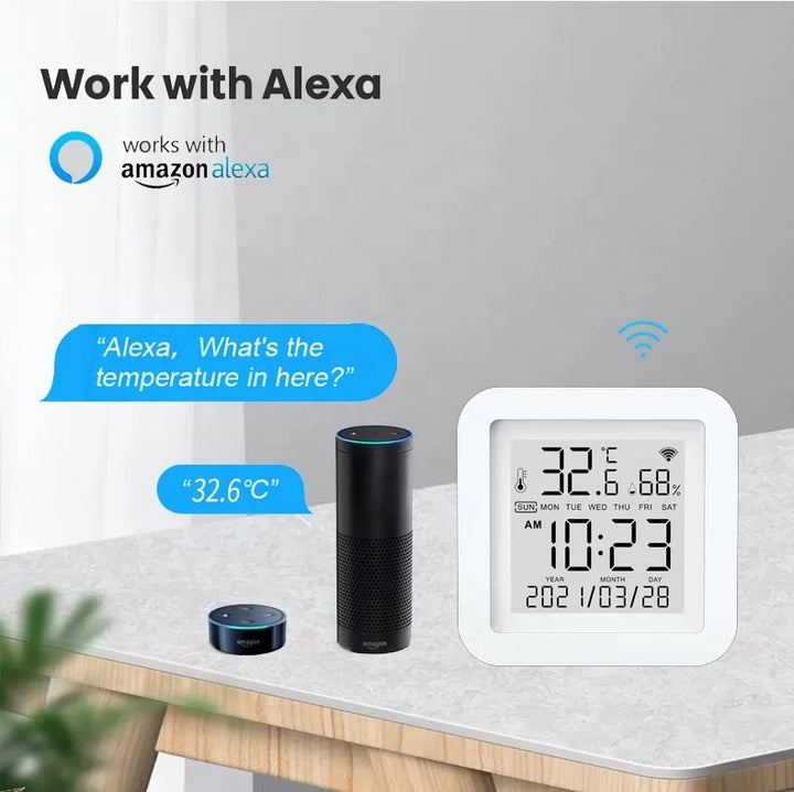 Pantalla LCD del sensor Tuya Smart para lectura de temperatura y humedad.
