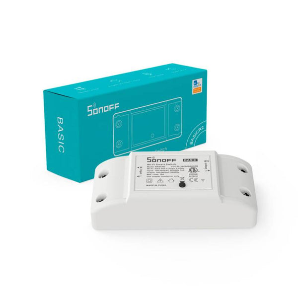 Relé inteligente SONOFF Basic R2 con conexión Wi-Fi para control remoto.
