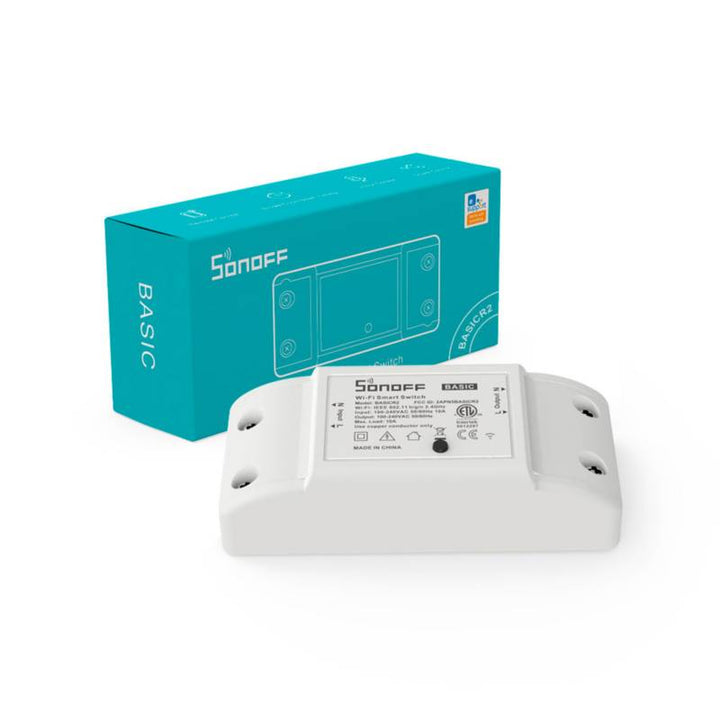 Relé inteligente SONOFF Basic R2 con conexión Wi-Fi para control remoto.