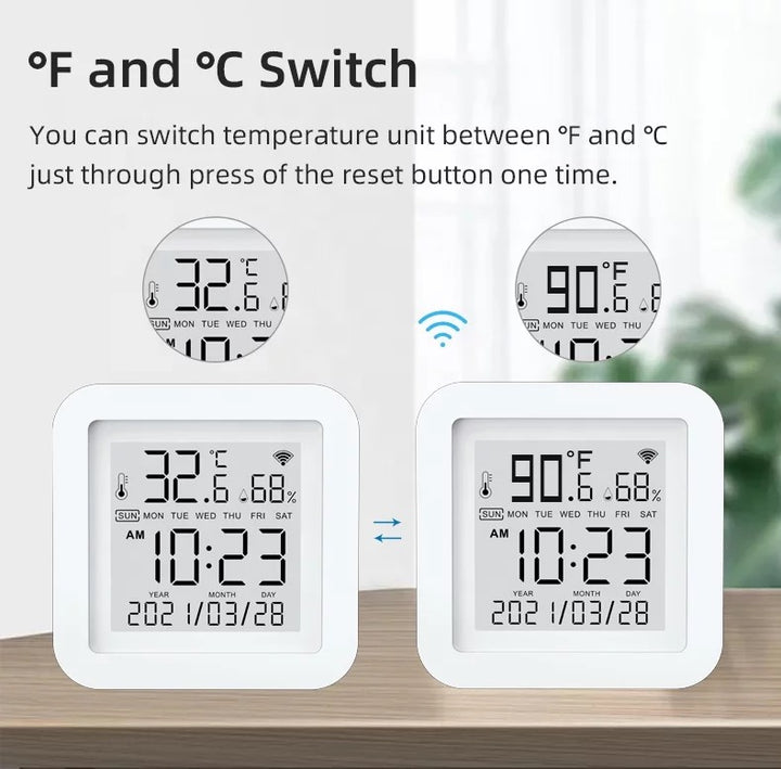 Sensor ambiental USB Tuya Smart para automatización del hogar y control climático.